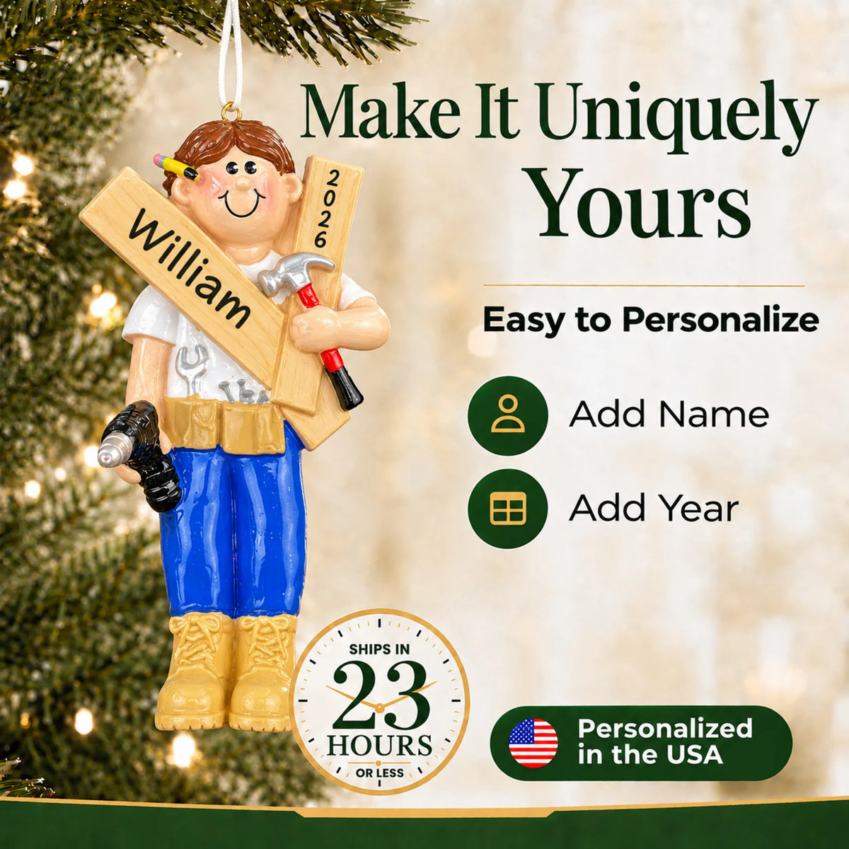 Make it yours: add name and year to the personalized Mr. Fix It contractor christmas ornament