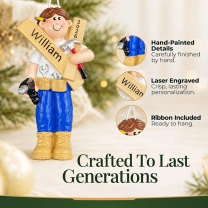 Hand-painted details and laser engraved personalization on the Mr. Fix It contractor christmas ornament, ribbon included