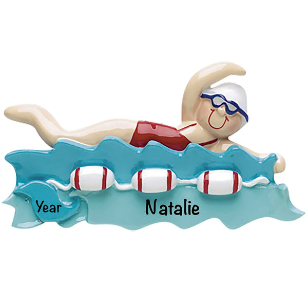 Personalized swimming girl ornament showing a young swimmer in goggles and swim cap doing a stroke above blue pool water with space for a custom name and year.
