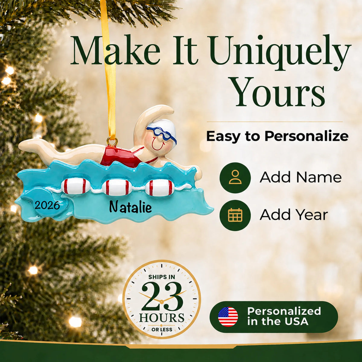Make it yours: add name and year to the personalized girl swimming christmas ornament