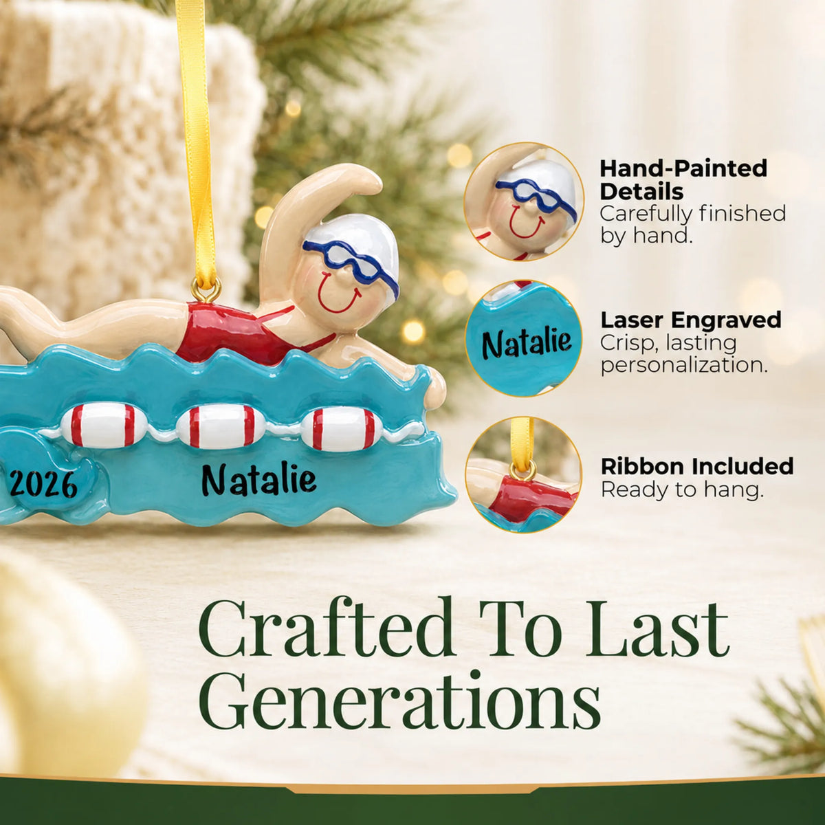 Hand-painted details and laser engraved personalization on the girl swimming christmas ornament, ribbon included
