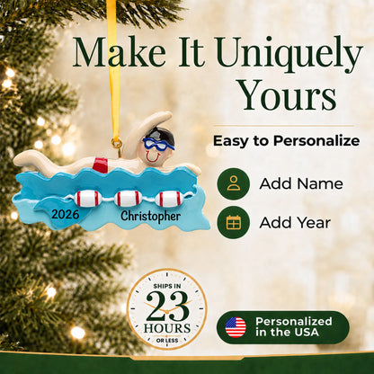 Make it yours: add name and year to the personalized swim boy christmas ornament