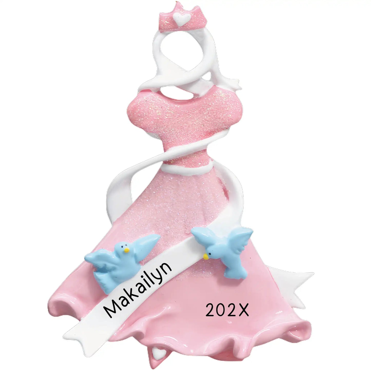 A personalized Christmas ornament featuring a pink Cinderella dress with glitter, blue birds, and the name 'Makailyn' with the year '202x' written on it.