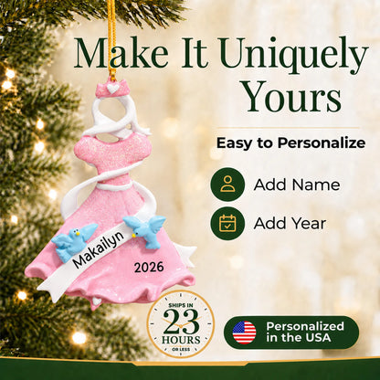 Make it yours: add name and year to the personalized pink princess dress christmas ornament