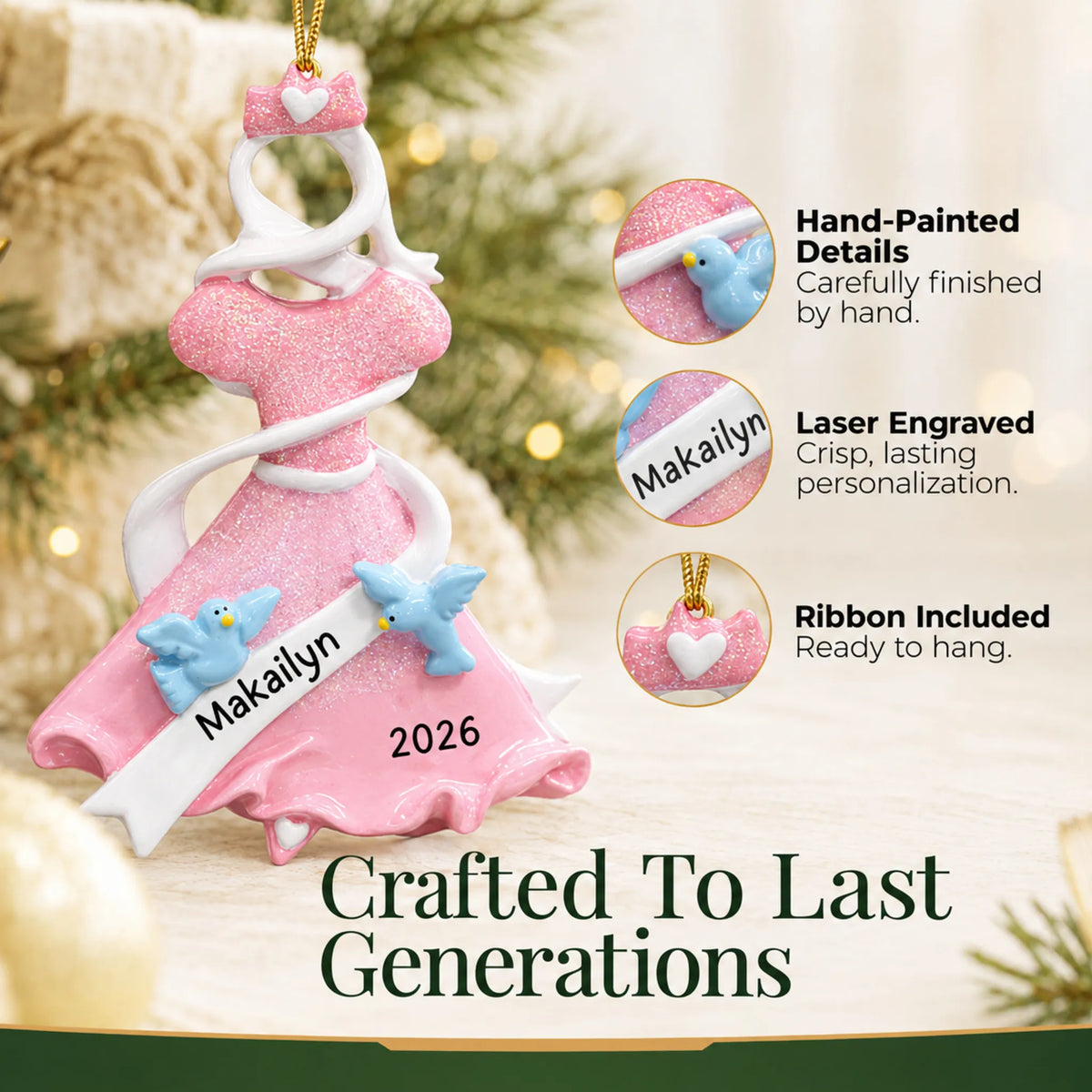 Hand-painted details and laser engraved personalization on the pink princess dress christmas ornament, ribbon included