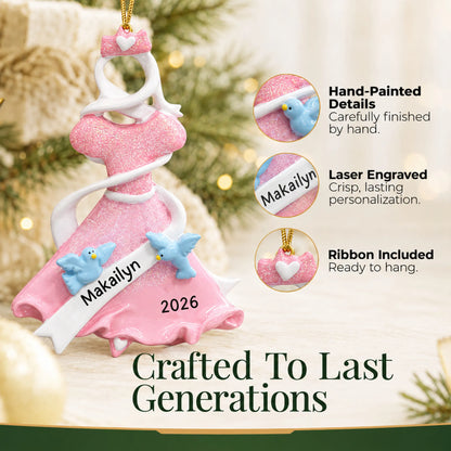 Hand-painted details and laser engraved personalization on the pink princess dress christmas ornament, ribbon included