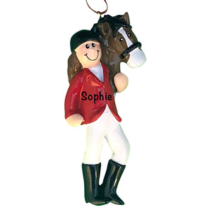 Personalized brunette horse riding girl ornament with her horse, laser engraved with a name and year