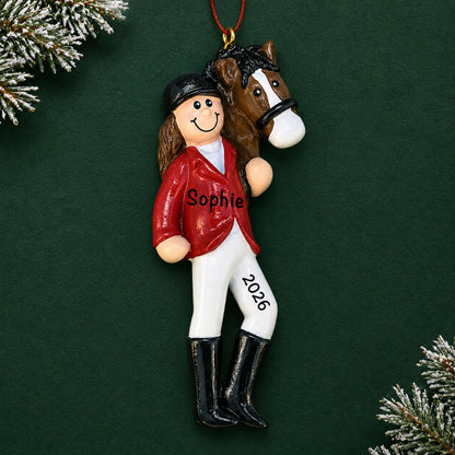 Personalized brunette horse riding girl christmas ornament on a dark green pine background