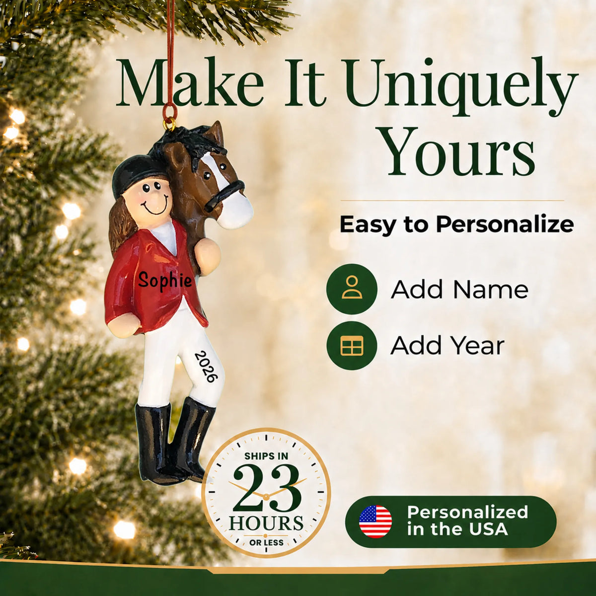 Make it yours: add name and year to the personalized brunette horse riding girl christmas ornament