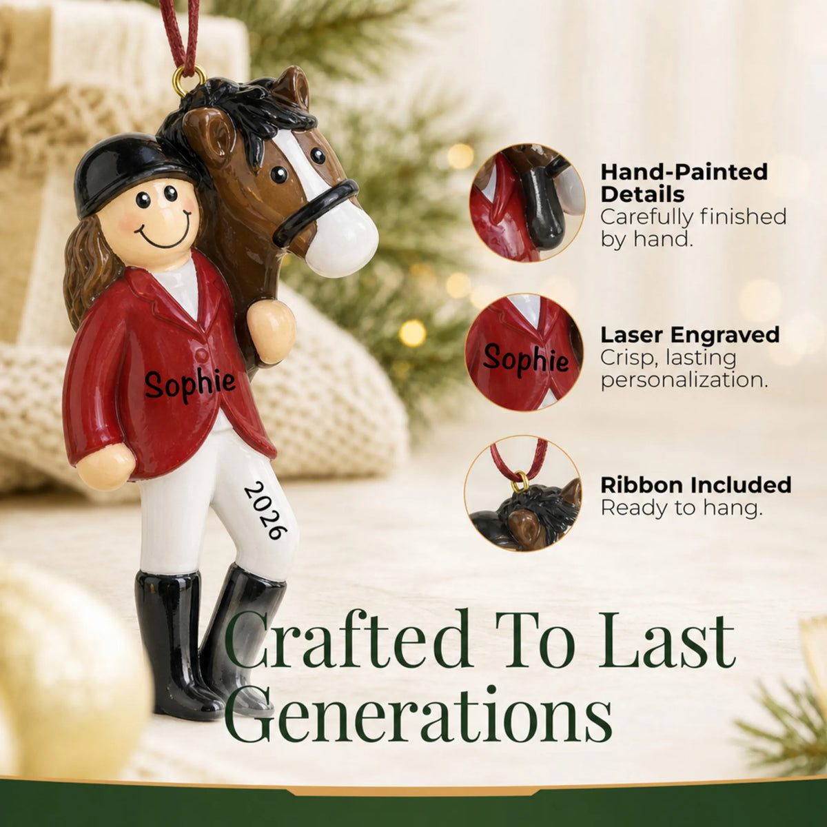 Hand-painted details and laser engraved personalization on the brunette horse riding girl christmas ornament, ribbon included