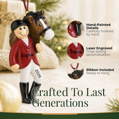 Hand-painted details and laser engraved personalization on the brunette horse riding girl christmas ornament, ribbon included