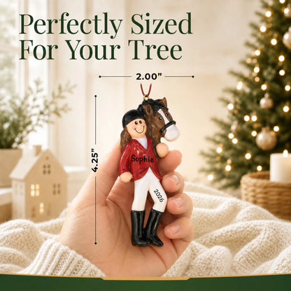 Size guide: the personalized brunette horse riding girl christmas ornament is 2.00 in wide by 4.25 in tall, shown in hand