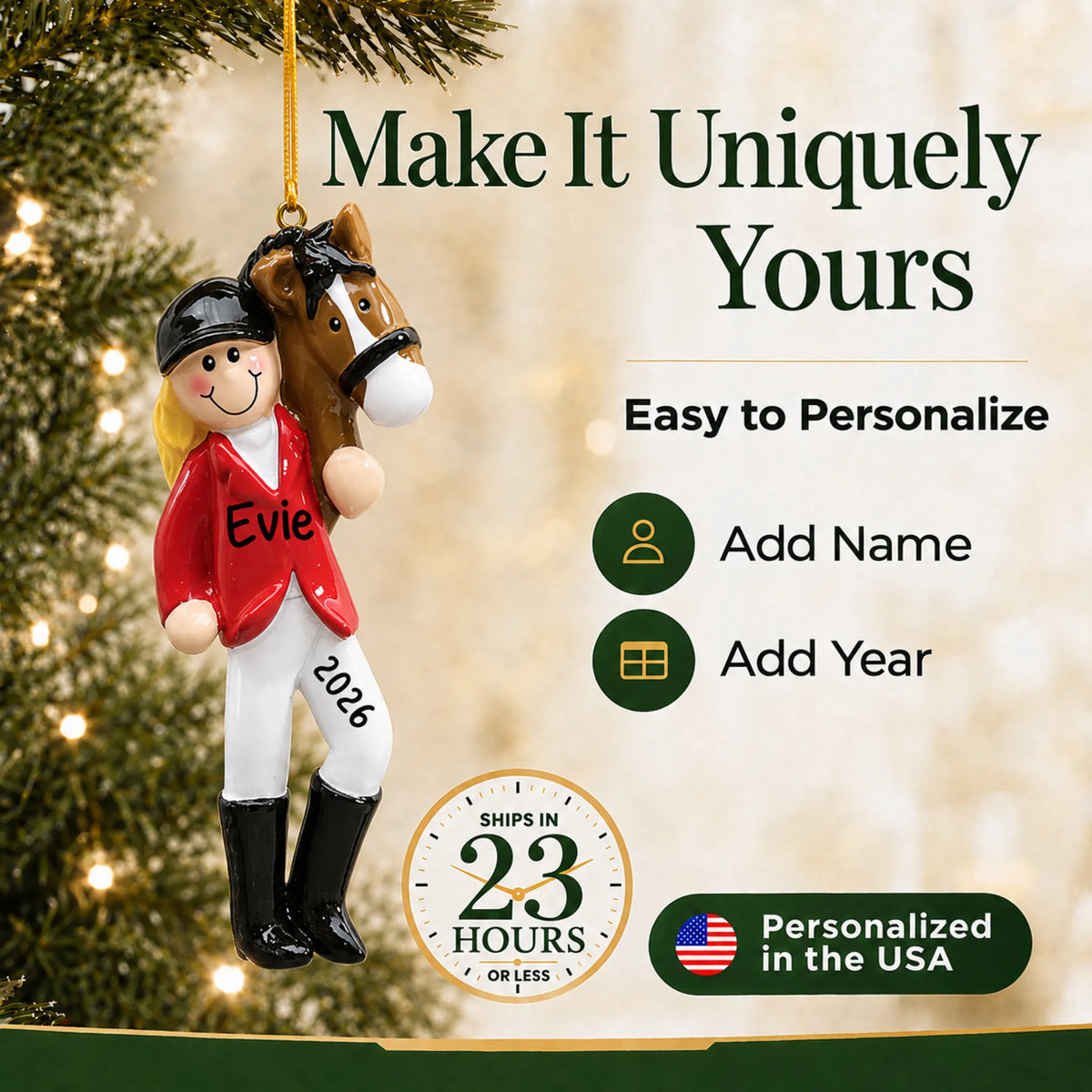 Make it yours: add name and year to the personalized blonde horse riding girl christmas ornament