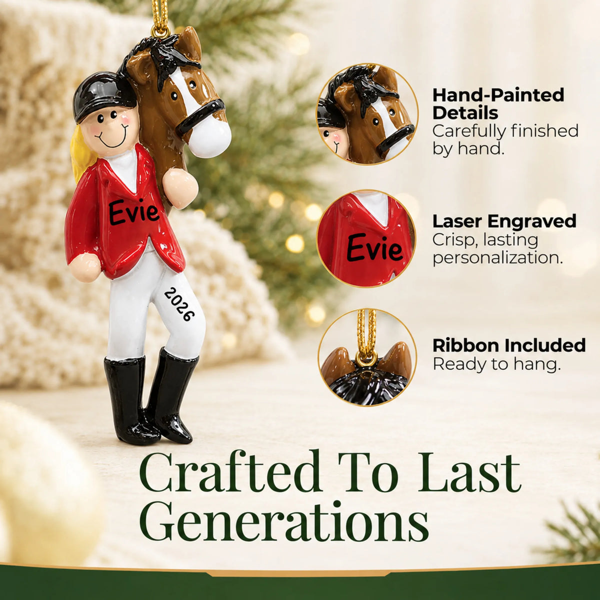 Hand-painted details and laser engraved personalization on the blonde horse riding girl christmas ornament, ribbon included