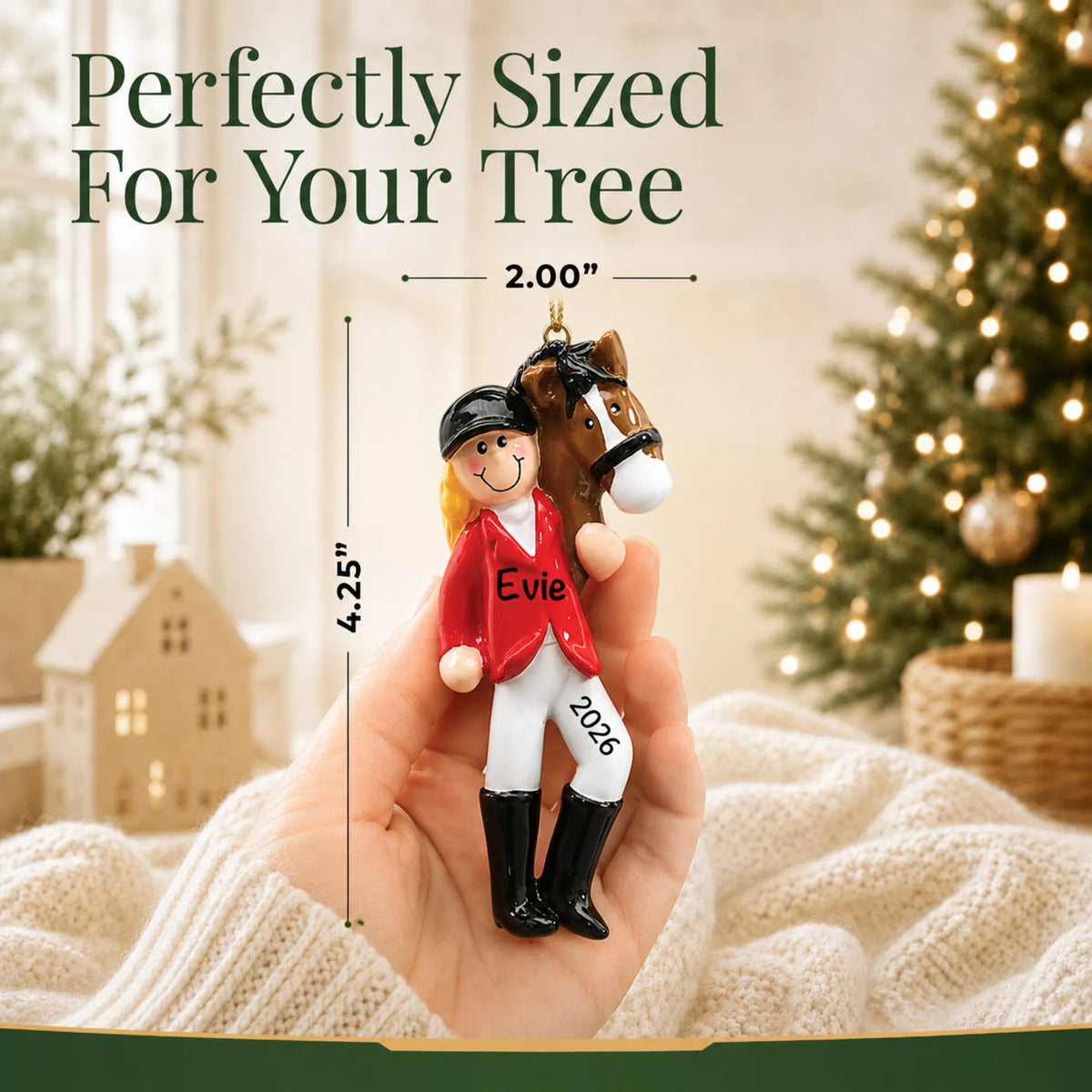 Size guide: the personalized blonde horse riding girl christmas ornament is 2.00 in wide by 4.25 in tall, shown in hand