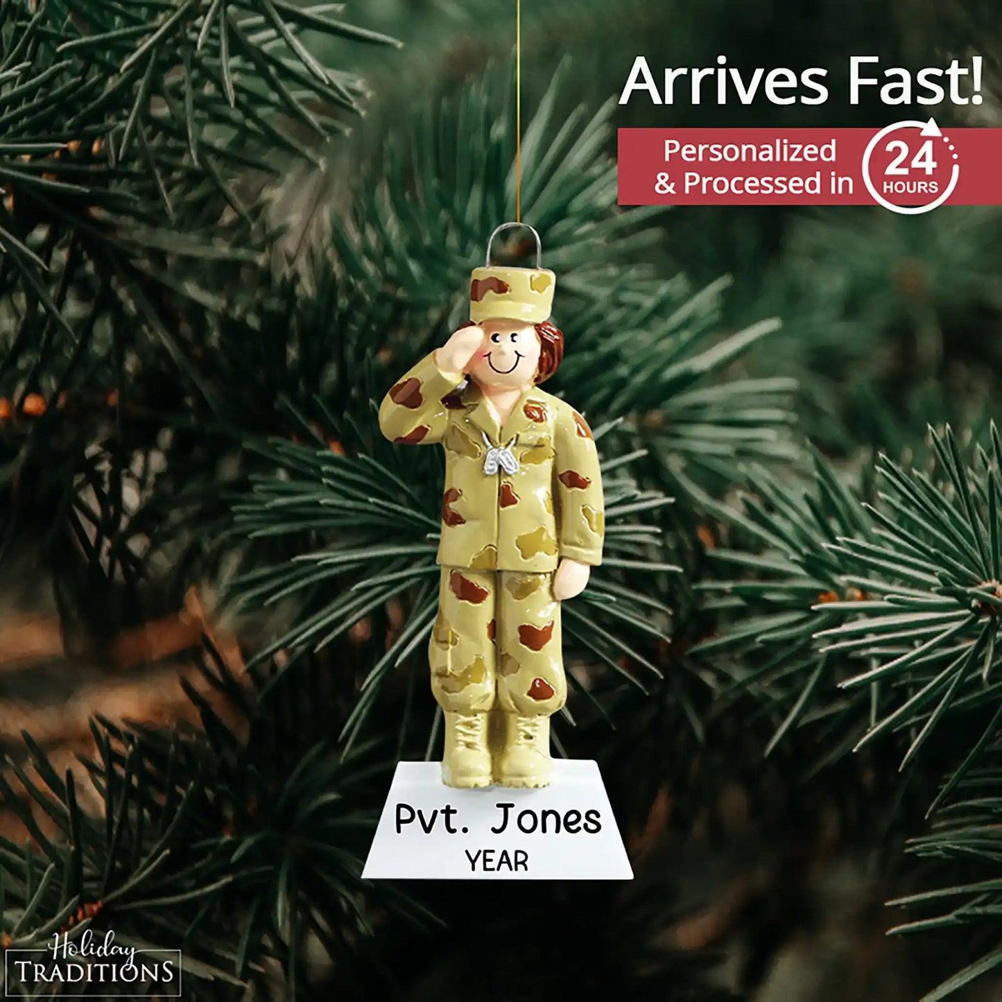 Adorno navideño de niña del ejército