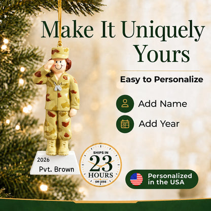 Personalize the US Army girl Christmas ornament with your details, ships in 23 hours, personalized in the USA