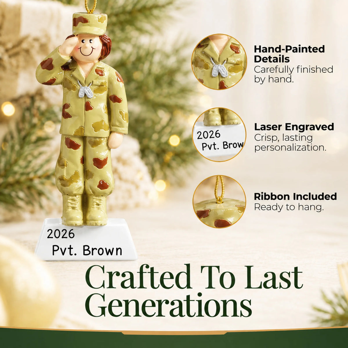 Close-up of the US Army girl Christmas ornament: hand-painted finish, laser engraving, ribbon included
