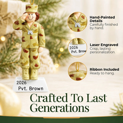 Close-up of the US Army girl Christmas ornament: hand-painted finish, laser engraving, ribbon included