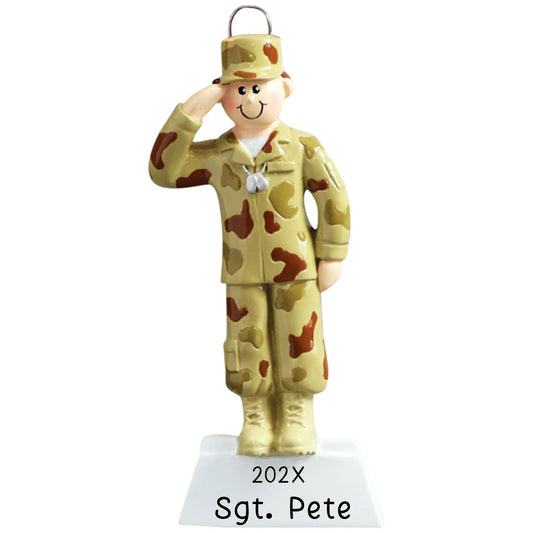 Personalized military soldier Christmas ornament featuring a saluting service member in camouflage uniform, laser engraved with name and year.
