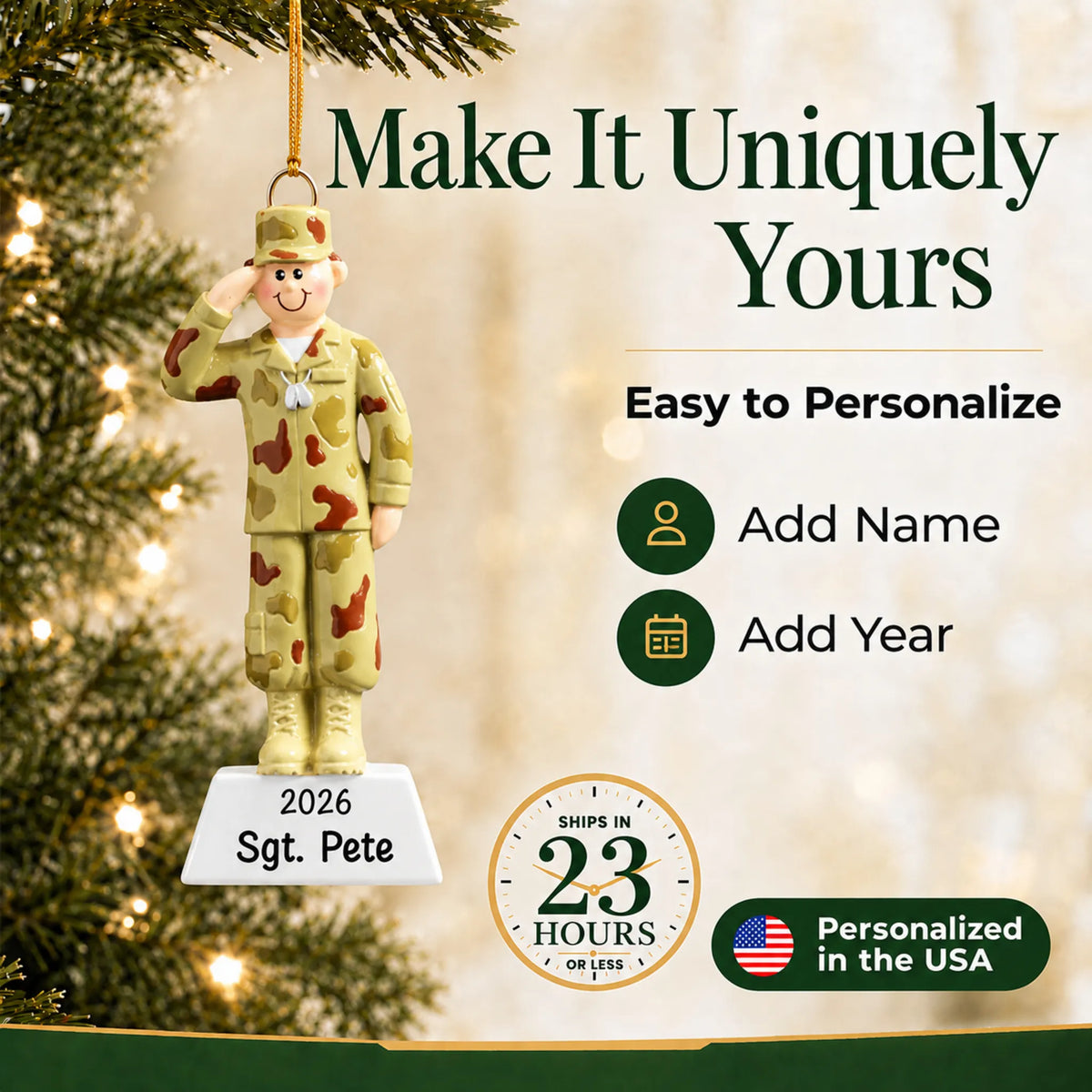Personalize the Army soldier Christmas ornament with your details, ships in 23 hours, personalized in the USA