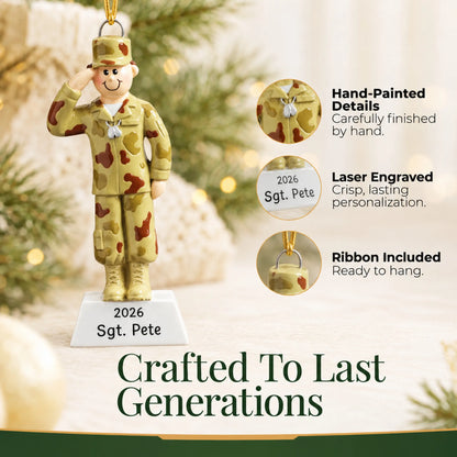 Close-up of the Army soldier Christmas ornament: hand-painted finish, laser engraving, ribbon included