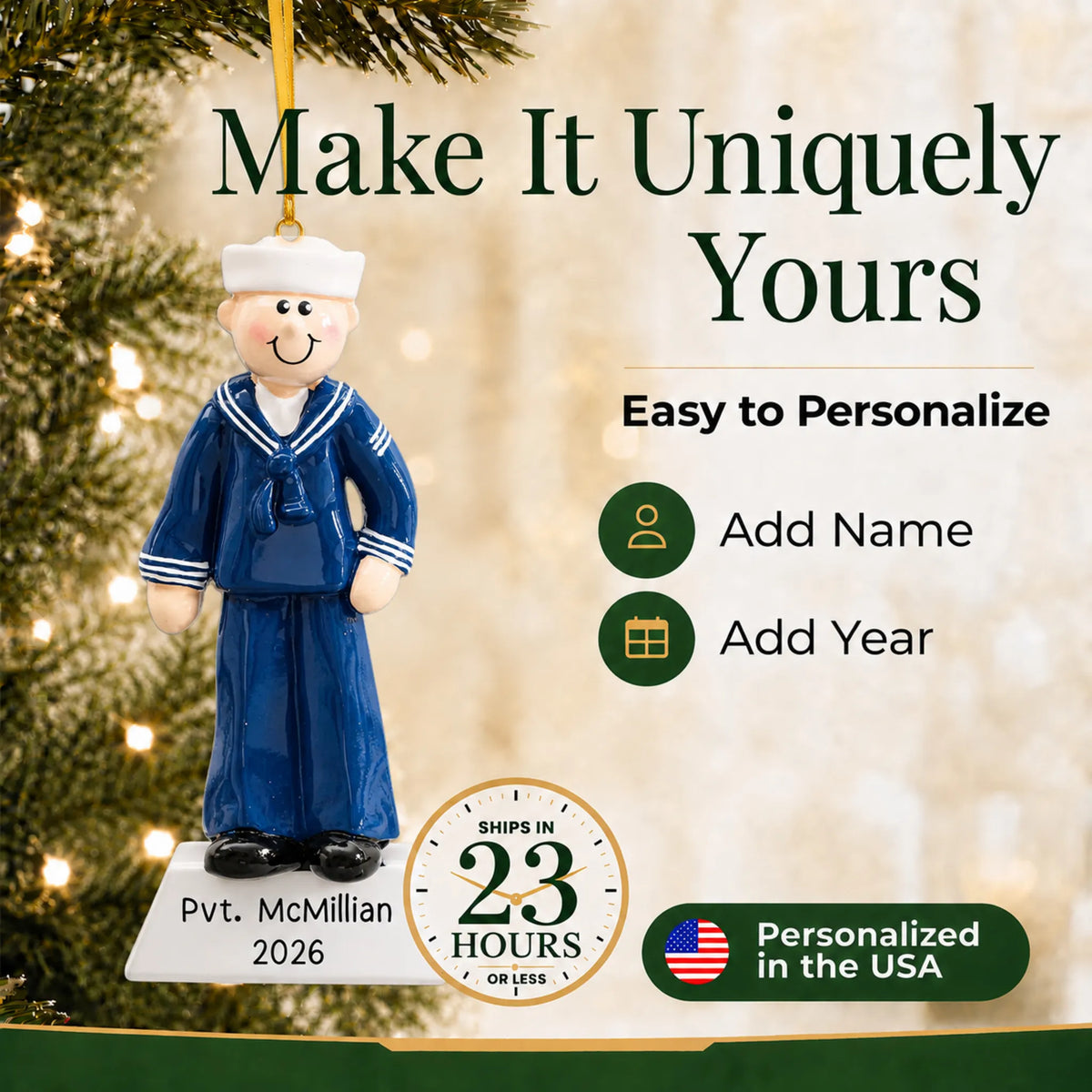 Personalize the Navy sailor Christmas ornament with your details, ships in 23 hours, personalized in the USA
