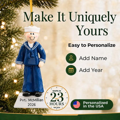 Personalize the Navy sailor Christmas ornament with your details, ships in 23 hours, personalized in the USA