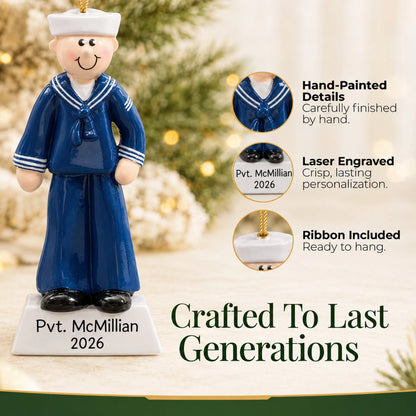 Close-up of the Navy sailor Christmas ornament: hand-painted finish, laser engraving, ribbon included