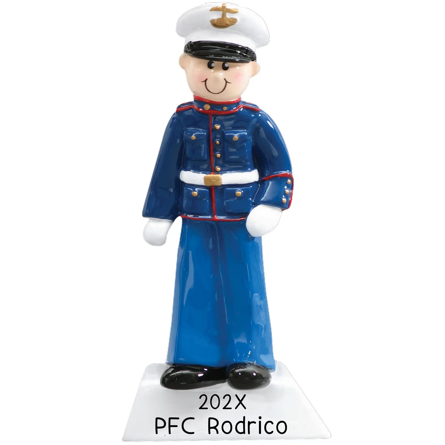 Personalized Marine Corps soldier Christmas ornament featuring a smiling figure in a Dress Blues uniform, laser engraved with rank, name, and year.