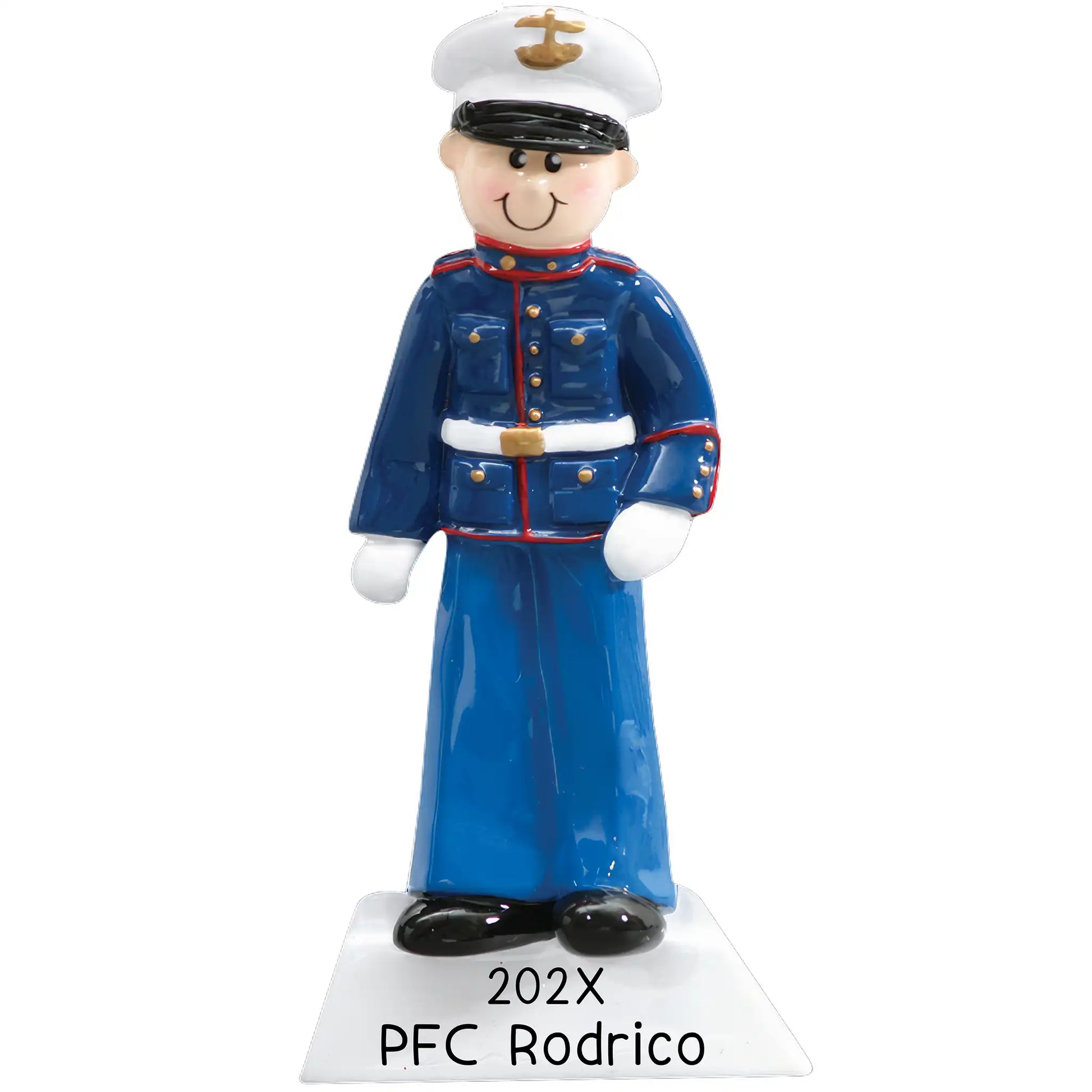 Personalized Marine Corps soldier Christmas ornament featuring a smiling figure in a Dress Blues uniform, laser engraved with rank, name, and year.