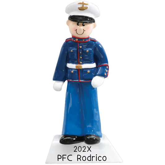 Personalized Marine Corps soldier Christmas ornament featuring a smiling figure in a Dress Blues uniform, laser engraved with rank, name, and year.