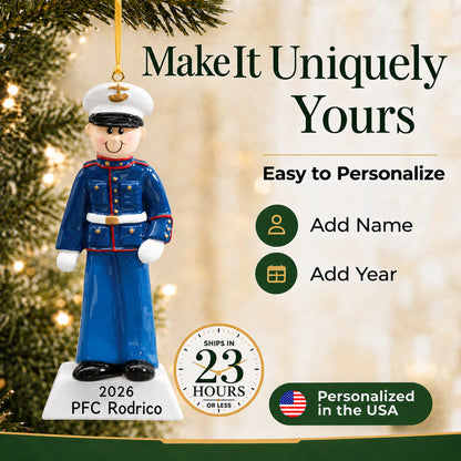 Personalize the US Marine Christmas ornament with your details, ships in 23 hours, personalized in the USA
