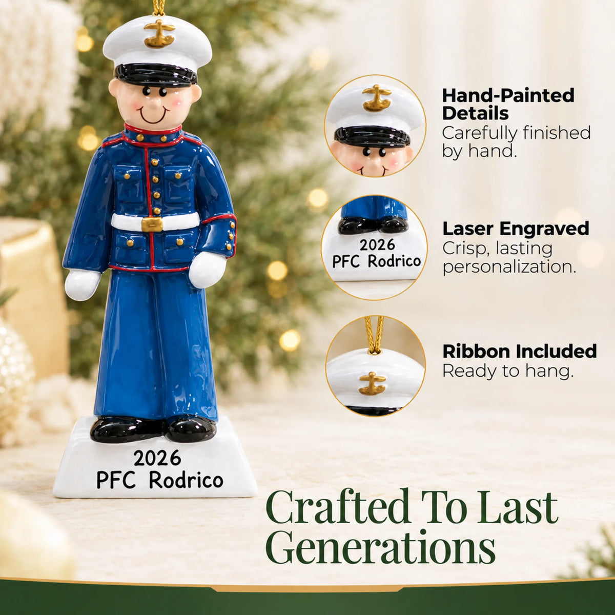 Close-up of the US Marine Christmas ornament: hand-painted finish, laser engraving, ribbon included