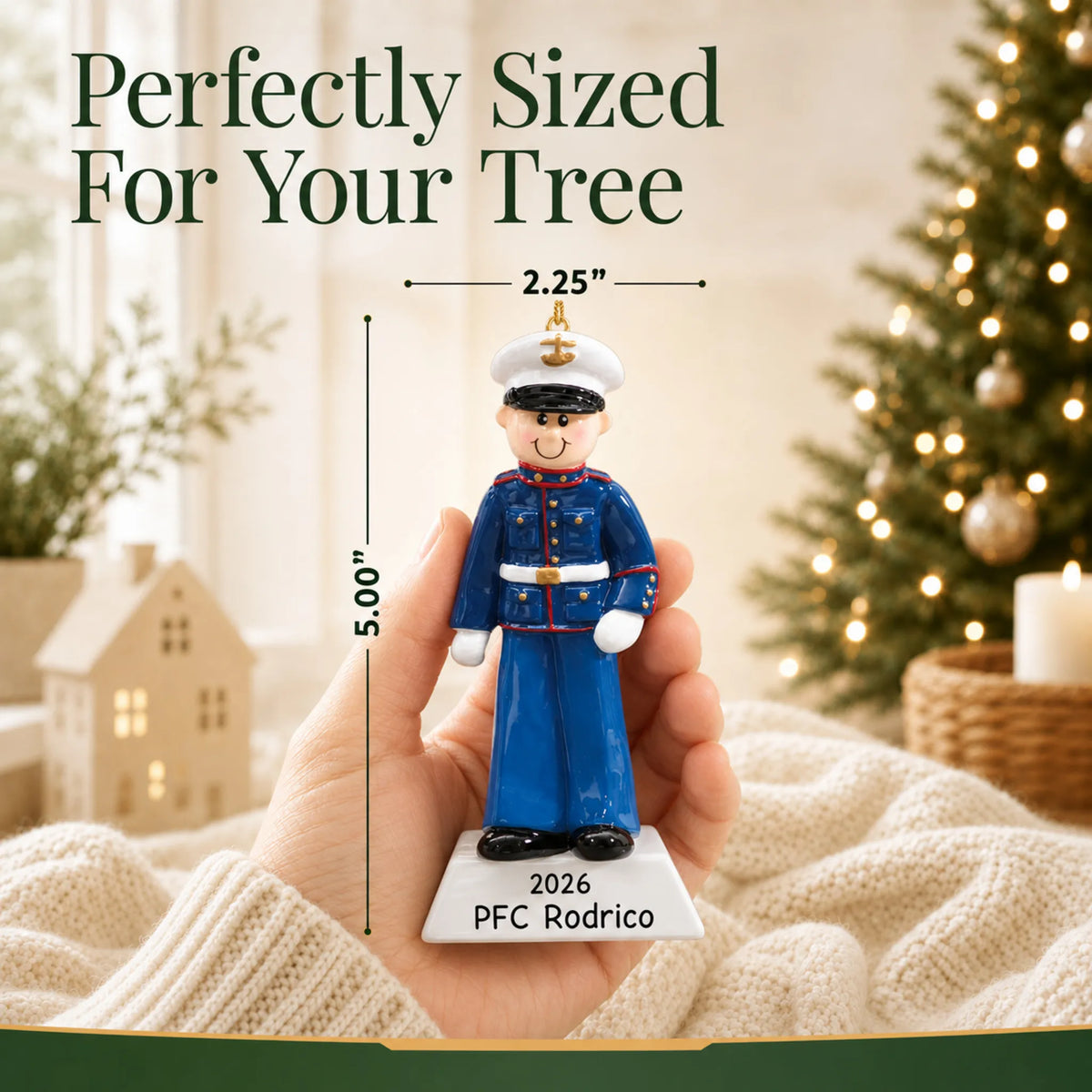 Personalized US Marine Christmas ornament held in hand to show its size on the tree