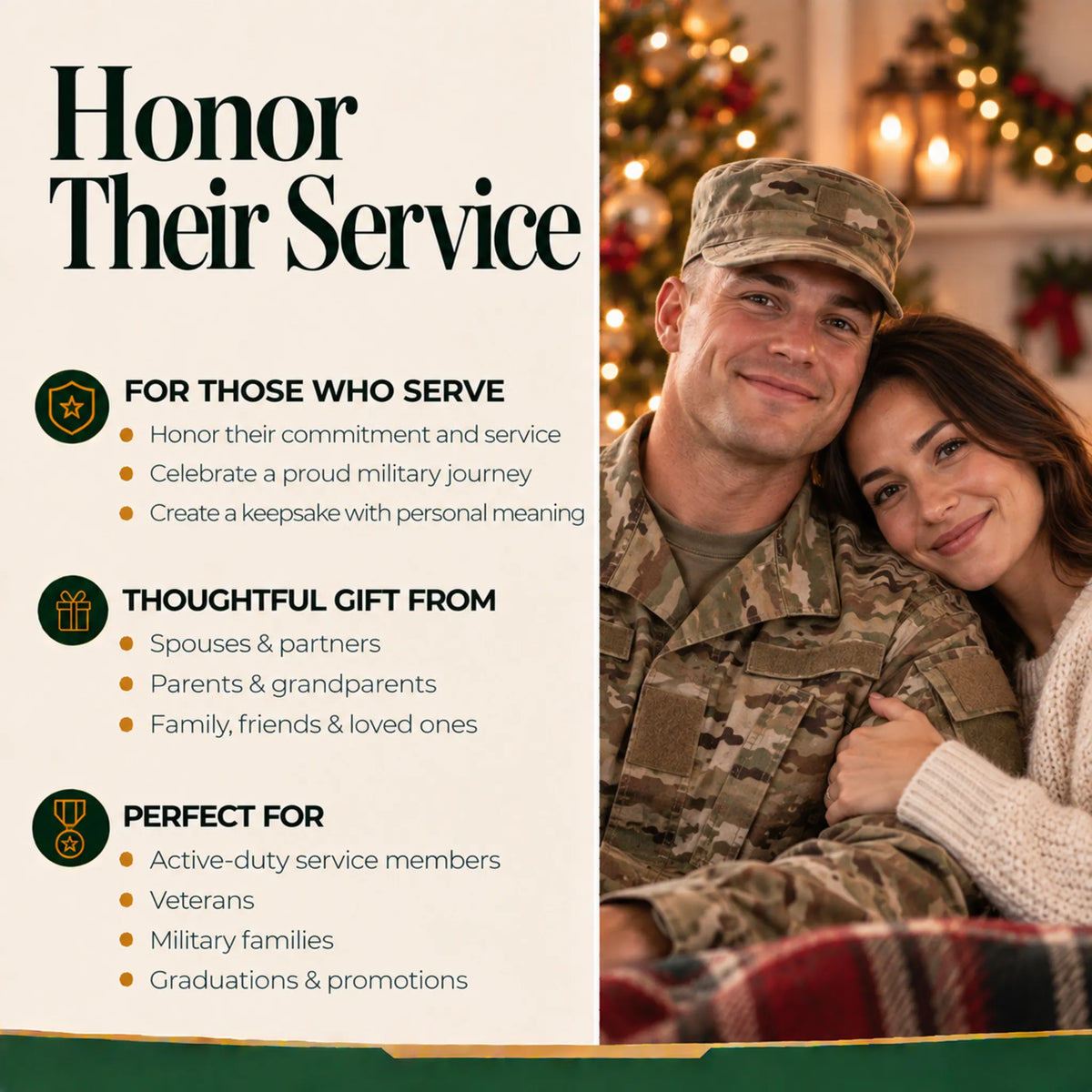 Personalized military Christmas ornament gifts for active-duty service members, veterans and military families
