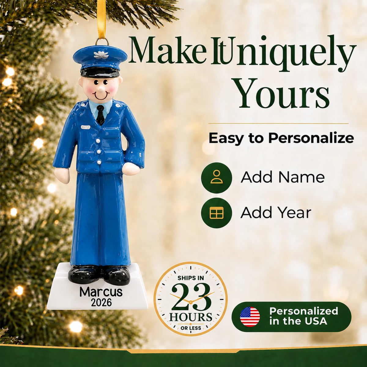 Personalize the US Air Force airman Christmas ornament with your details, ships in 23 hours, personalized in the USA