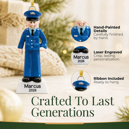 Close-up of the US Air Force airman Christmas ornament: hand-painted finish, laser engraving, ribbon included