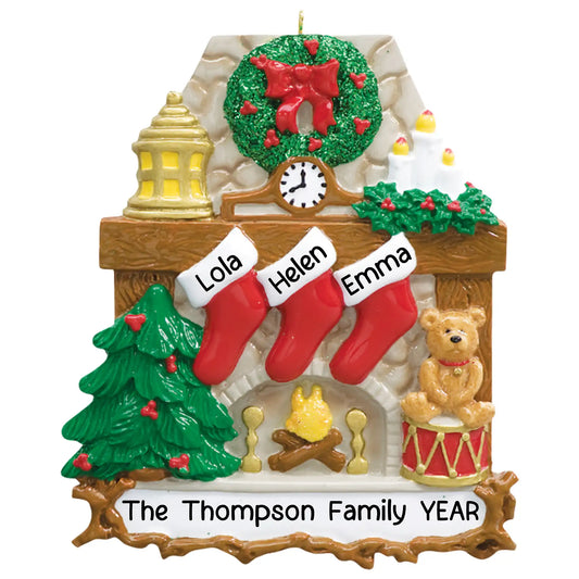 Fireplace Family of 3 Christmas Ornament