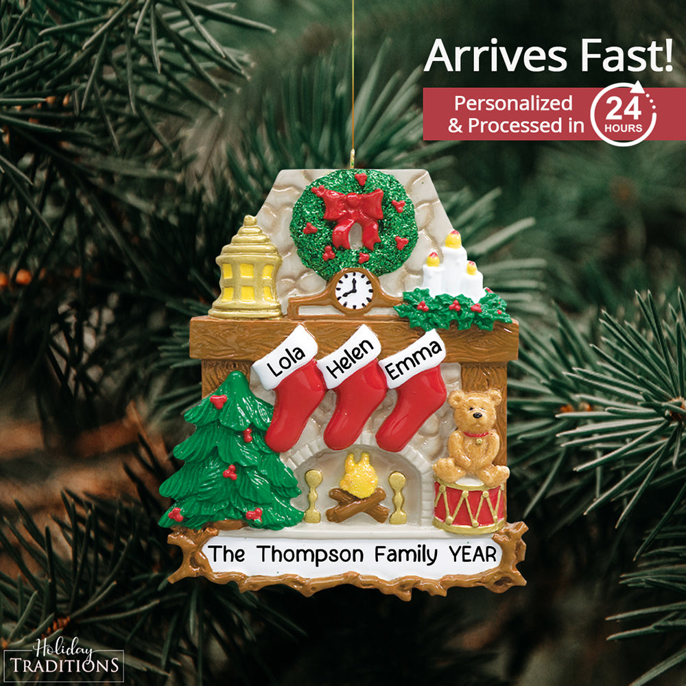 Fireplace Family of 3 Christmas Ornament