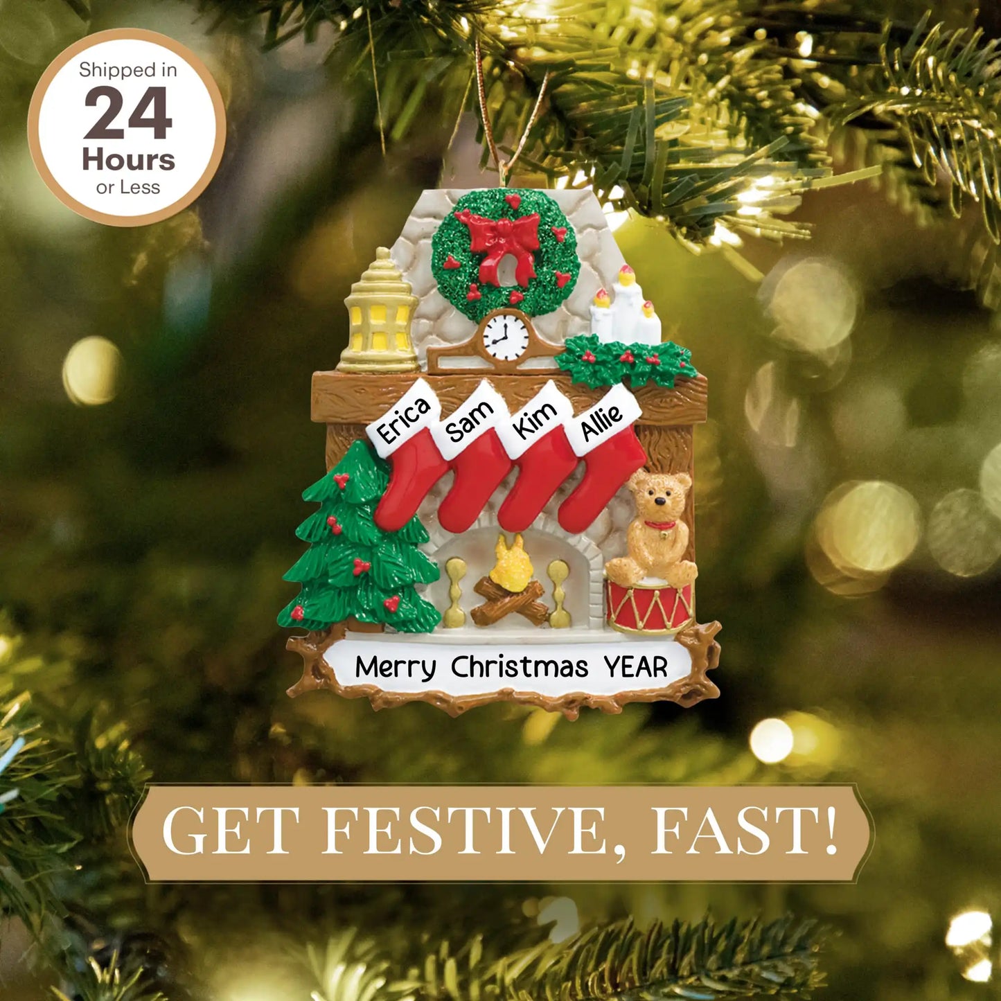 Adorno navideño de familia de 4 con chimenea 