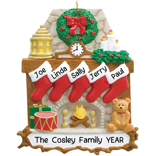 Fireplace Family of 5 Christmas Ornament