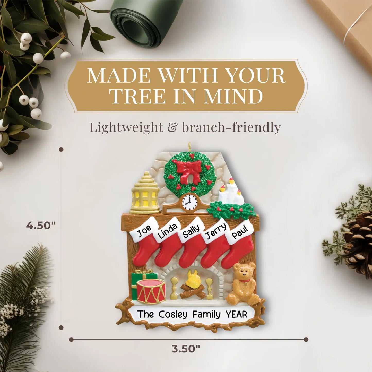 Adorno navideño de chimenea para familia de 5 