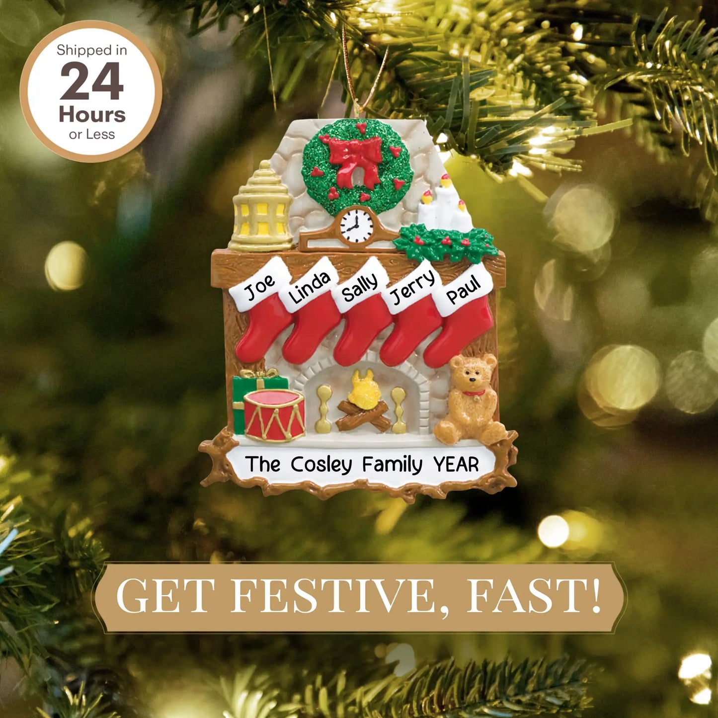 Adorno navideño de chimenea para familia de 5 