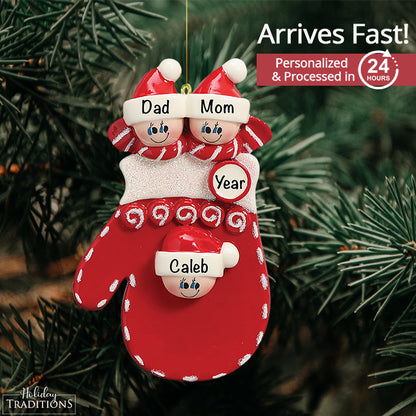 Red Mitten Family of 3 Christmas Ornament