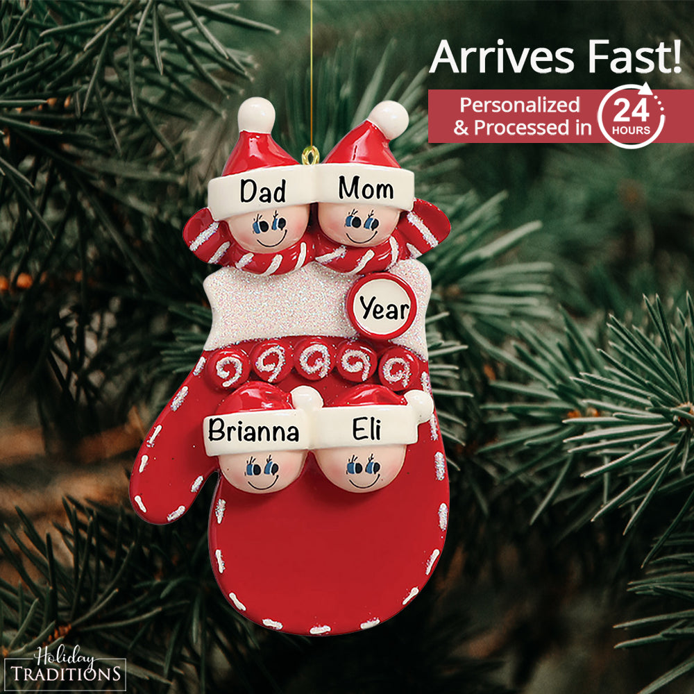 Red Mitten Family of 4 Christmas Ornament