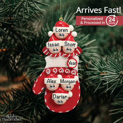 Red Mitten Family of 6 Personalized Ornament