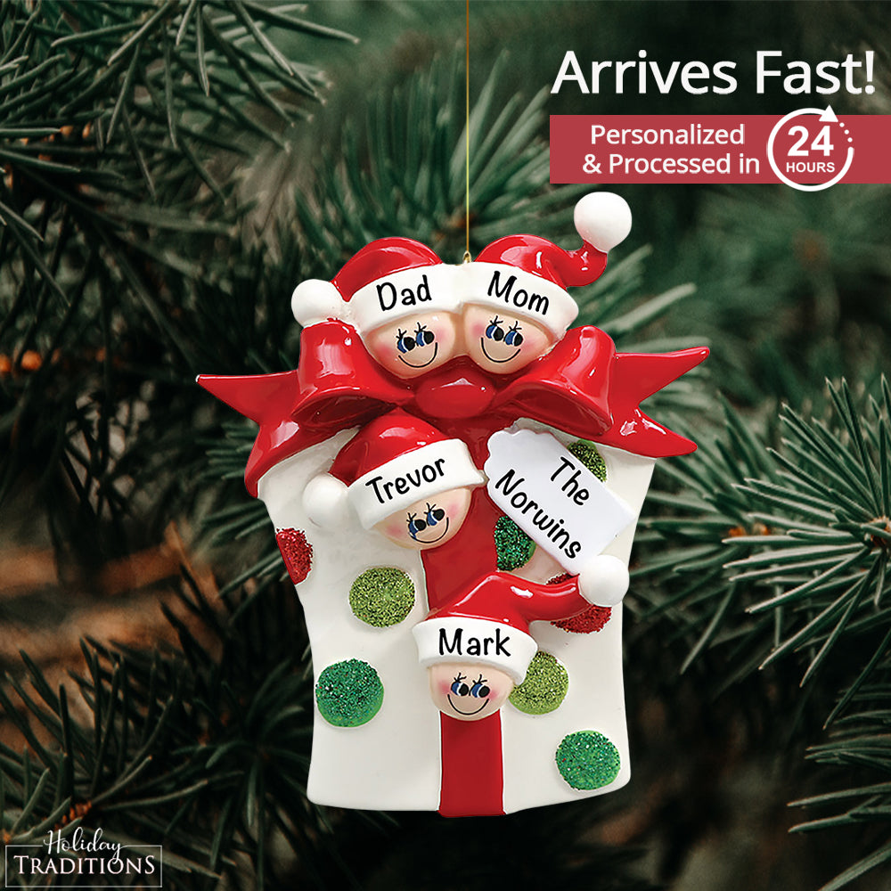 Gift Box Family of 4 Christmas Ornament