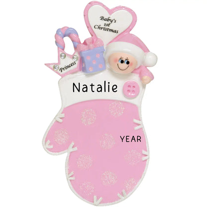 Pink Baby 1st Christmas Mitten Personalized Ornament