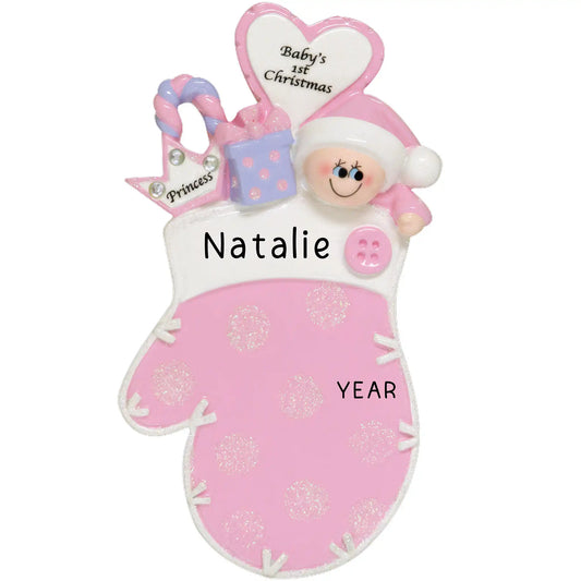 Pink Baby 1st Christmas Mitten Personalized Ornament